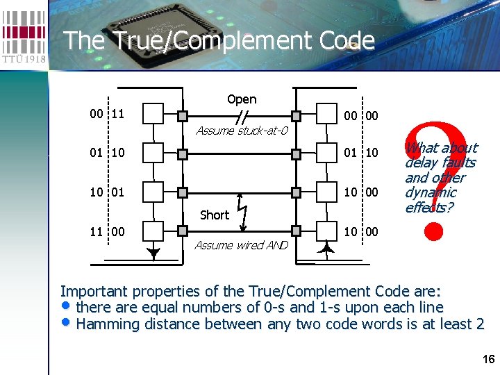 The True/Complement Code 00 11 Open 00 00 Assume stuck-at-0 01 10 10 01