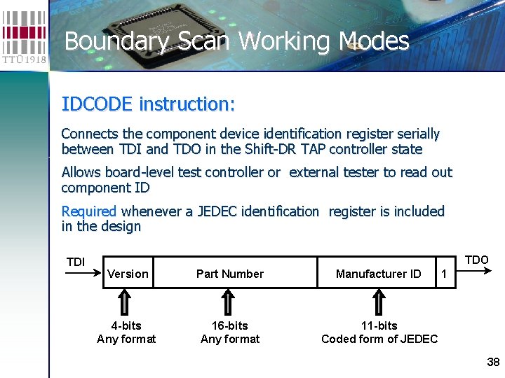 Boundary Scan Working Modes IDCODE instruction: Connects the component device identification register serially between