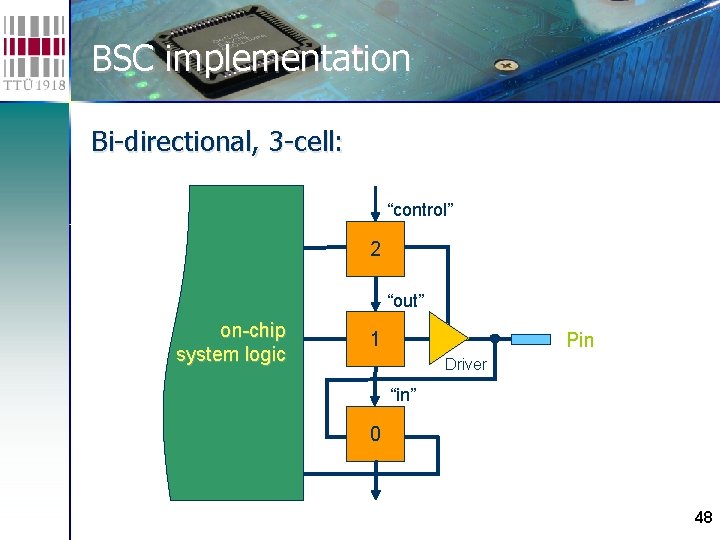 BSC implementation Bi-directional, 3 -cell: “control” 2 “out” on-chip system logic 1 Pin Driver