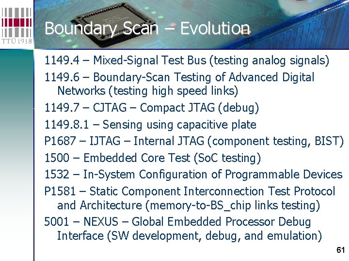 Boundary Scan – Evolution 1149. 4 – Mixed-Signal Test Bus (testing analog signals) 1149.