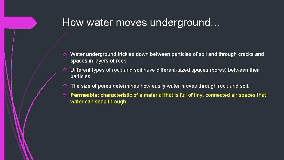 How water moves underground… Water underground trickles down between particles of soil and through