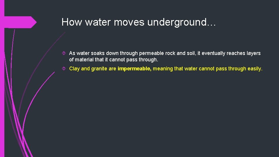 How water moves underground… As water soaks down through permeable rock and soil, it