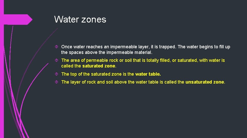 Water zones Once water reaches an impermeable layer, it is trapped. The water begins