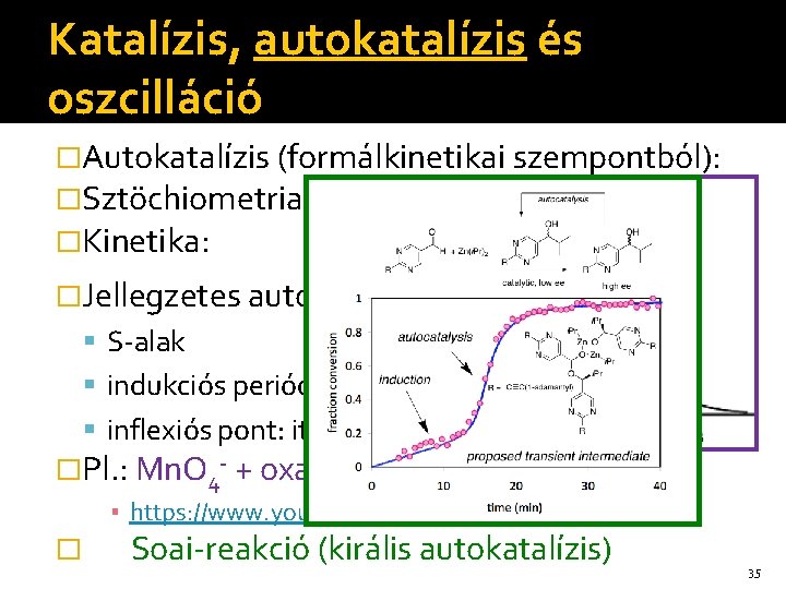 Katalízis, autokatalízis és oszcilláció �Autokatalízis (formálkinetikai szempontból): �Sztöchiometria: A → P �Kinetika: v =