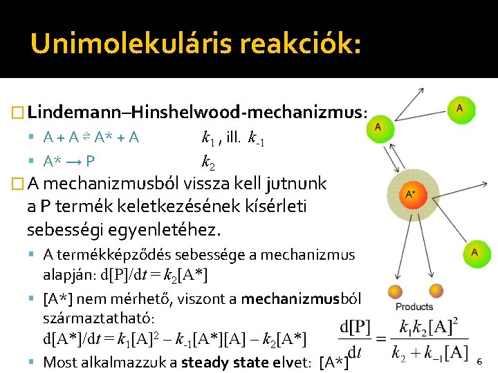 Unimolekuláris reakciók: � Lindemann–Hinshelwood-mechanizmus: A + A ⇌ A* + A A* → P