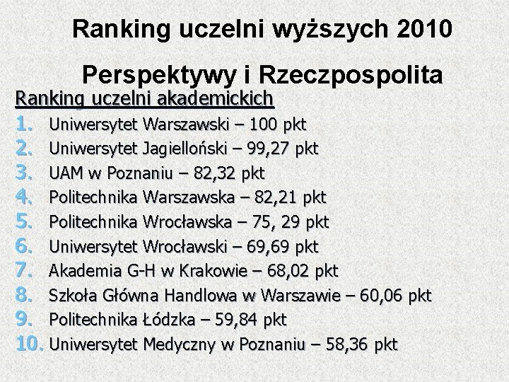 Ranking uczelni wyższych 2010 Perspektywy i Rzeczpospolita Ranking uczelni akademickich 1. Uniwersytet Warszawski –
