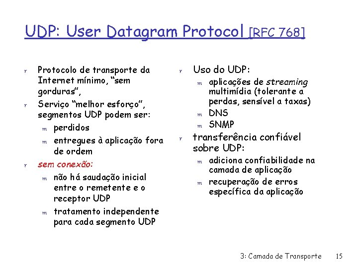 UDP: User Datagram Protocol r r r Protocolo de transporte da Internet mínimo, “sem