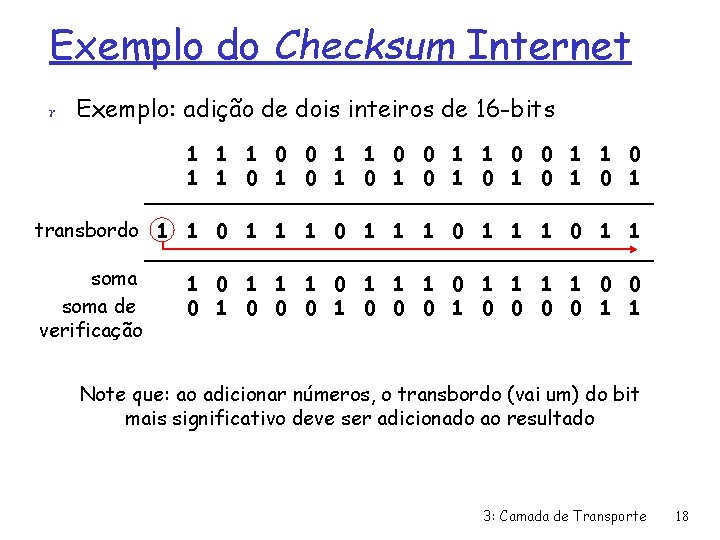 Exemplo do Checksum Internet r Exemplo: adição de dois inteiros de 16 -bits 1