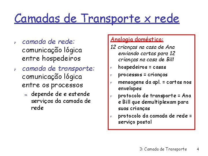 Camadas de Transporte x rede r camada de rede: comunicação lógica entre hospedeiros r