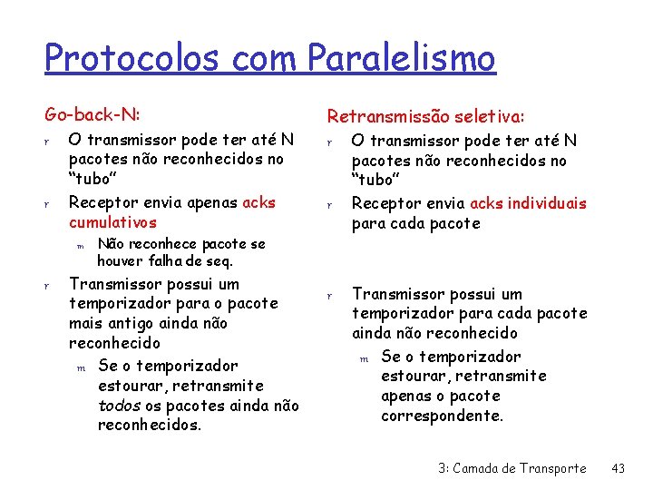 Protocolos com Paralelismo Go-back-N: r r O transmissor pode ter até N pacotes não