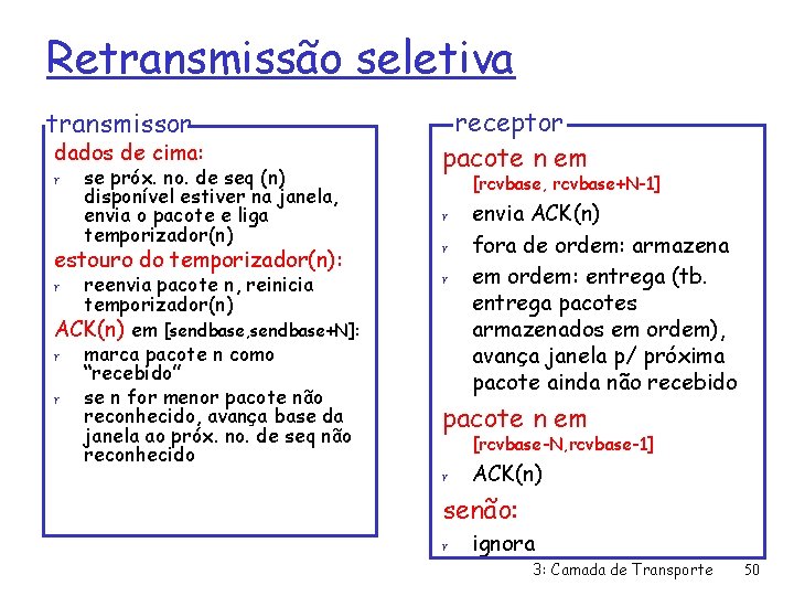 Retransmissão seletiva transmissor dados de cima: r se próx. no. de seq (n) disponível