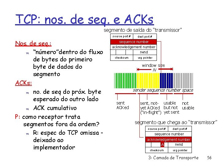 TCP: nos. de seq. e ACKs segmento de saída do “transmissor” source port #