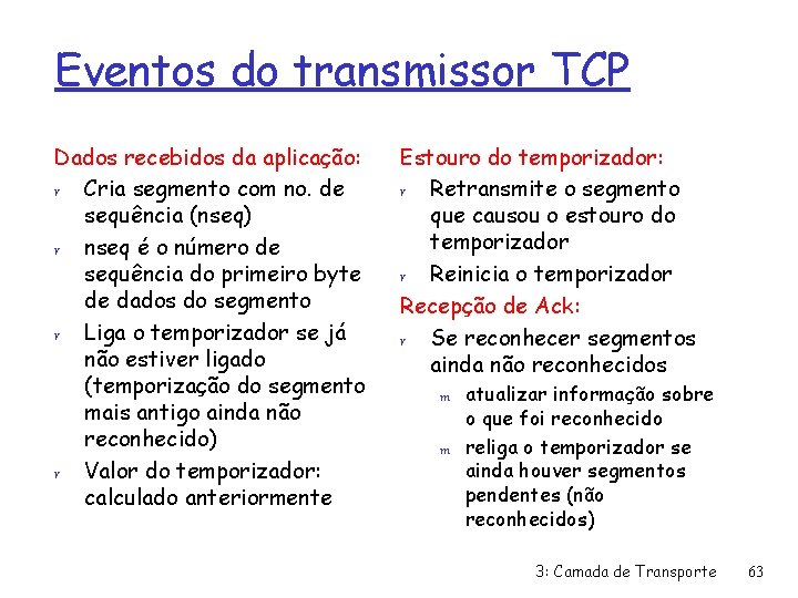 Eventos do transmissor TCP Dados recebidos da aplicação: r Cria segmento com no. de