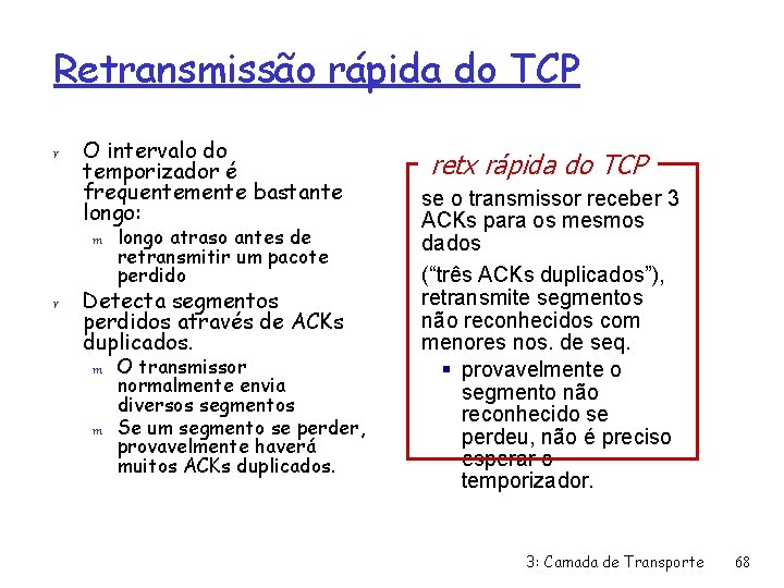 Retransmissão rápida do TCP r O intervalo do temporizador é frequentemente bastante longo: m