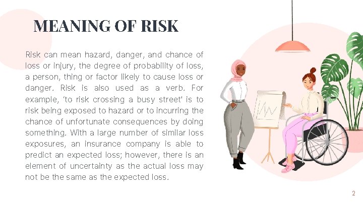 MEANING OF RISK Risk can mean hazard, danger, and chance of loss or injury,