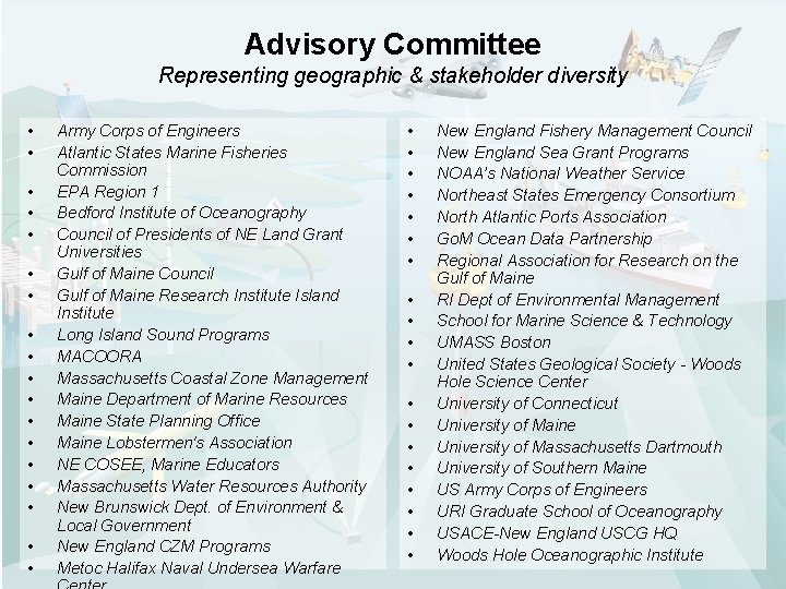 Advisory Committee Representing geographic & stakeholder diversity • • • • • Army Corps