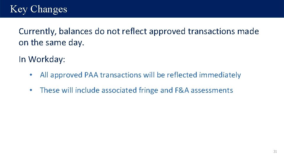 Key Changes Currently, balances do not reflect approved transactions made on the same day. Key Changes Currently, balances do not reflect approved transactions made on the same day.