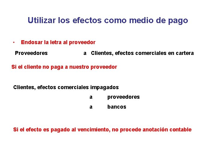 Utilizar los efectos como medio de pago • Endosar la letra al proveedor Proveedores Utilizar los efectos como medio de pago • Endosar la letra al proveedor Proveedores