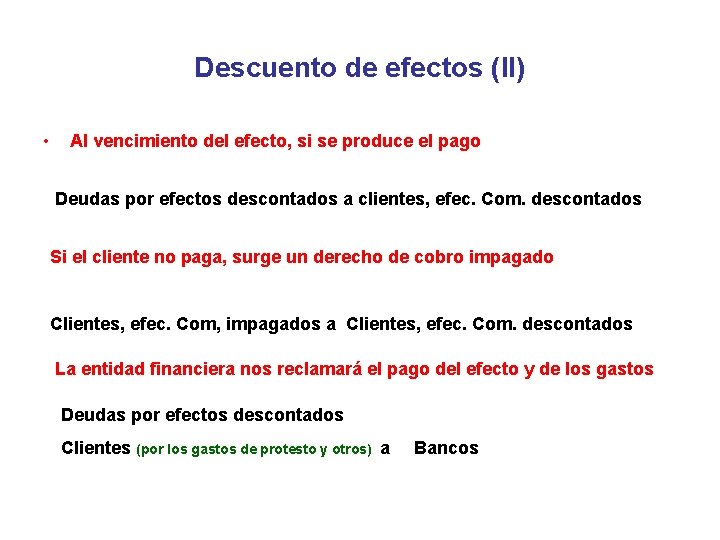 Descuento de efectos (II) • Al vencimiento del efecto, si se produce el pago Descuento de efectos (II) • Al vencimiento del efecto, si se produce el pago