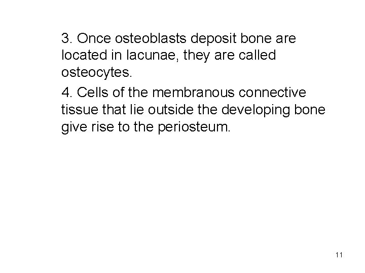 3. Once osteoblasts deposit bone are located in lacunae, they are called osteocytes. 4.