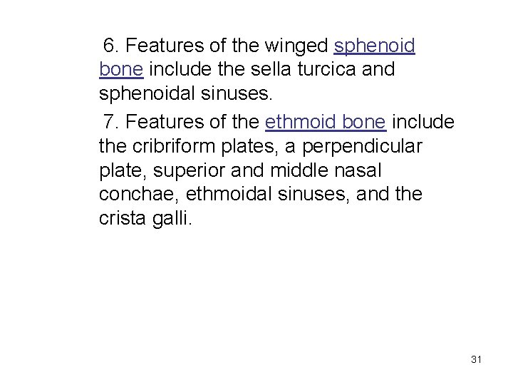 6. Features of the winged sphenoid bone include the sella turcica and sphenoidal sinuses.