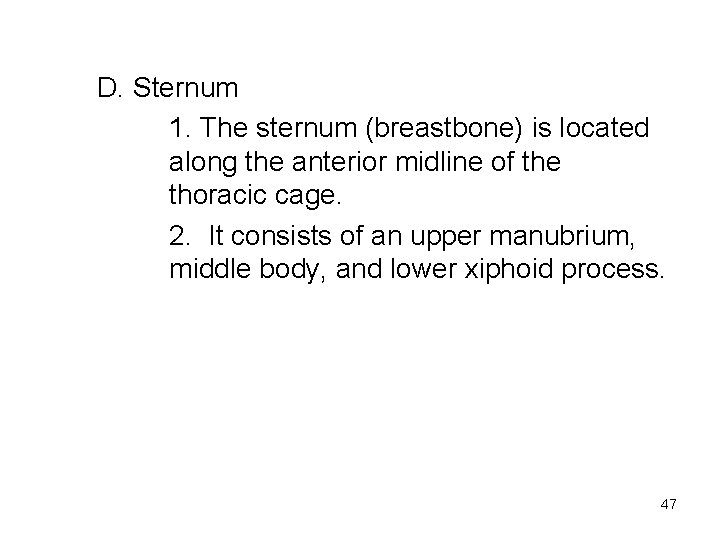 D. Sternum 1. The sternum (breastbone) is located along the anterior midline of the