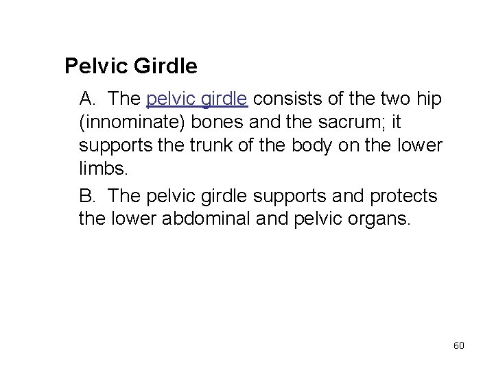 Pelvic Girdle A. The pelvic girdle consists of the two hip (innominate) bones and