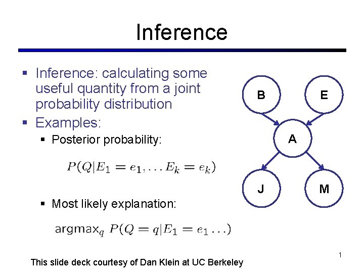 Inference § Inference: calculating some useful quantity from a joint probability distribution § Examples: