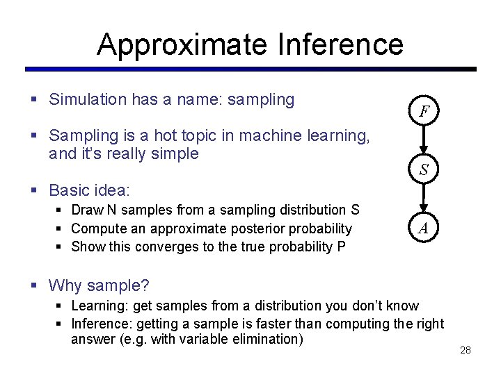 Approximate Inference § Simulation has a name: sampling § Sampling is a hot topic