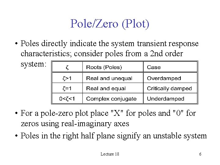 Pole/Zero (Plot) • Poles directly indicate the system transient response characteristics; consider poles from