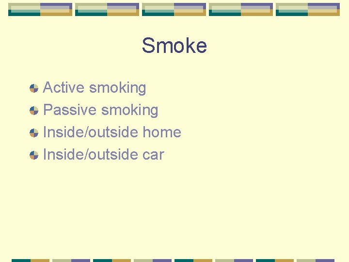 Smoke Active smoking Passive smoking Inside/outside home Inside/outside car 