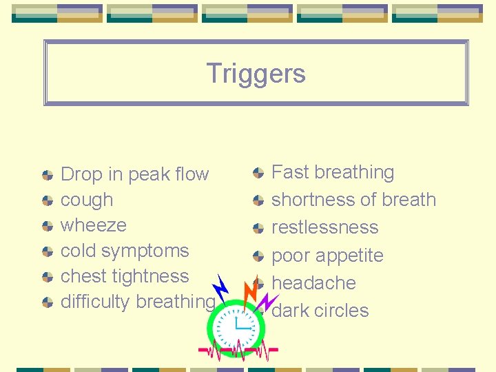 Triggers Drop in peak flow cough wheeze cold symptoms chest tightness difficulty breathing Fast