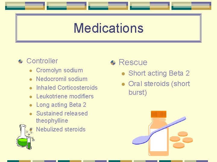 Medications Controller l l l l Cromolyn sodium Nedocromil sodium Inhaled Corticosteroids Leukotriene modifiers