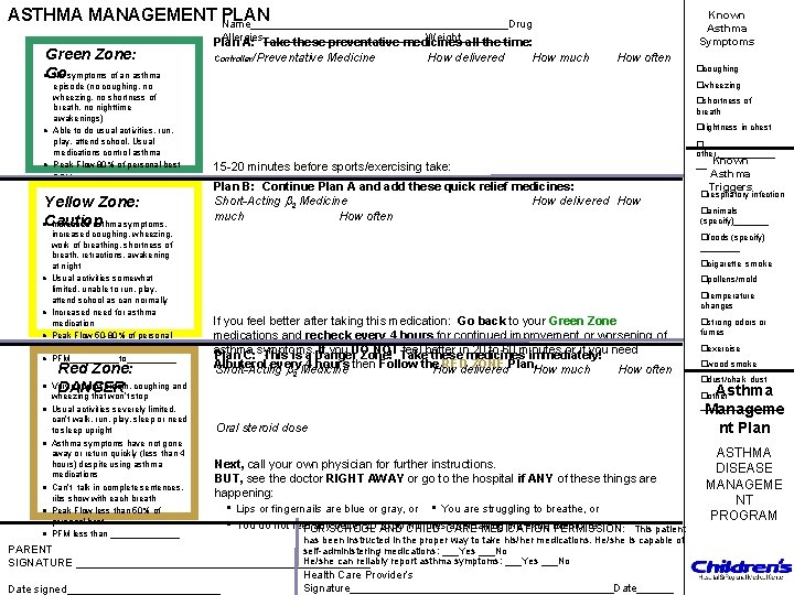 ASTHMA MANAGEMENT Name_____________________Drug PLAN Known Asthma Symptoms Allergies_____________ Weight____ Green Zone: Go No symptoms