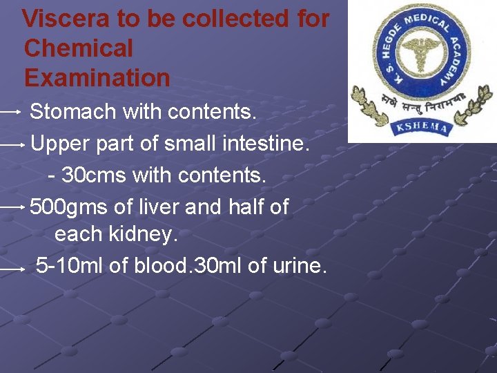 Viscera to be collected for Chemical Examination Stomach with contents. Upper part of small