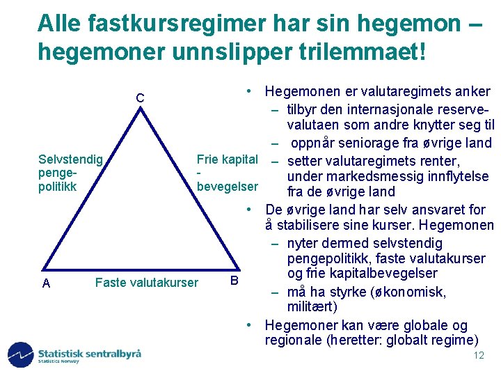 Alle fastkursregimer har sin hegemon – hegemoner unnslipper trilemmaet! • Hegemonen er valutaregimets anker