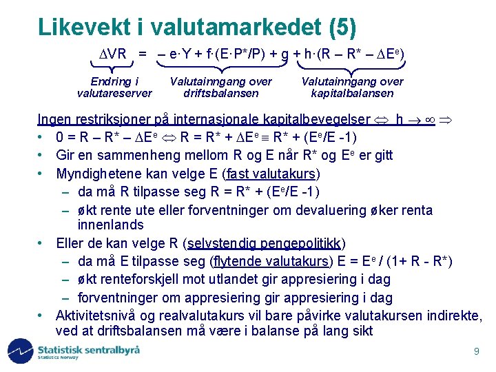 Likevekt i valutamarkedet (5) VR = – e·Y + f·(E·P*/P) + g + h·(R