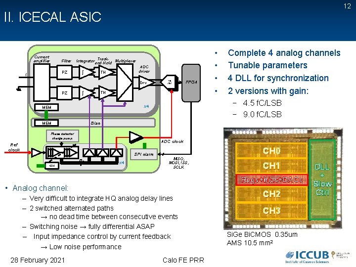 12 II. ICECAL ASIC Current amplifier Filter Integrator Track- Multiplexer and-Hold ʃ PZ I