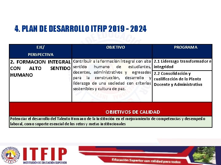 4. PLAN DE DESARROLLO ITFIP 2019 - 2024 EJE/ OBJETIVO PROGRAMA PERSPECTIVA 2. FORMACION