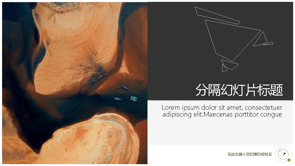 分隔幻灯片标题 Lorem ipsum dolor sit amet, consectetuer adipiscing elit. Maecenas porttitor congue 在此处输入你的徽标或姓名 7