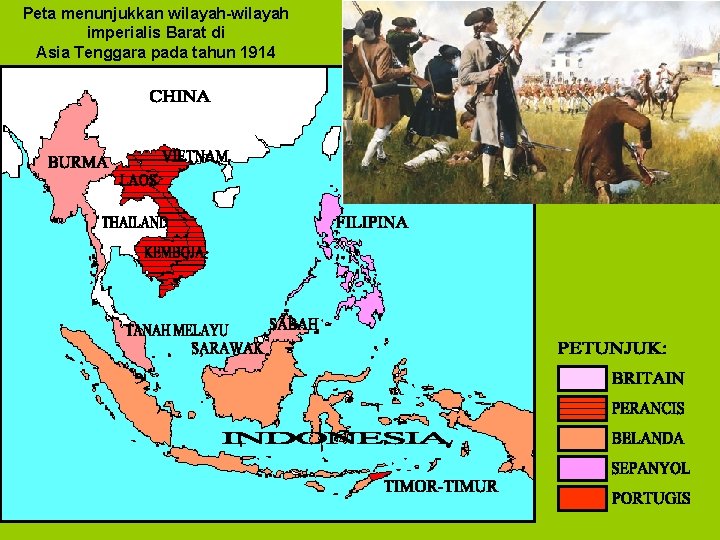 Peta menunjukkan wilayah-wilayah imperialis Barat di Asia Tenggara pada tahun 1914 