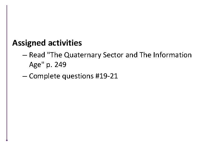 Assigned activities – Read "The Quaternary Sector and The Information Age" p. 249 –