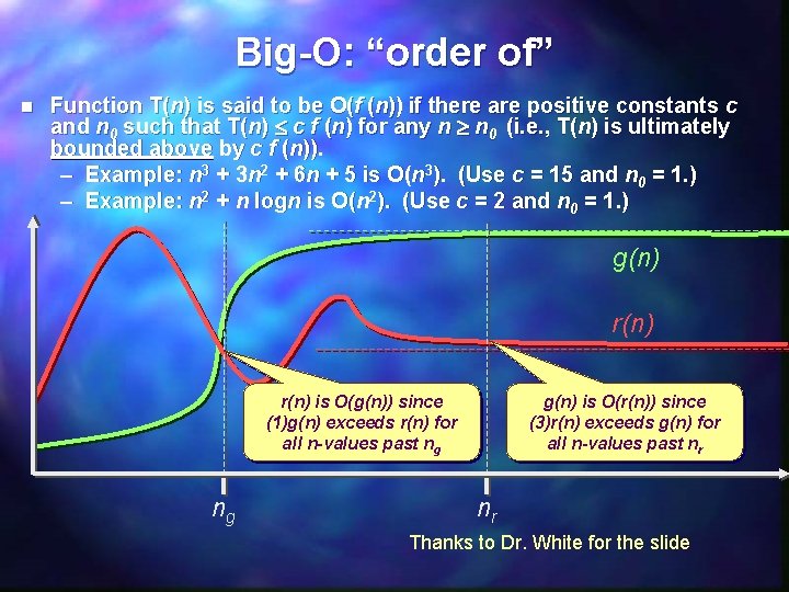 Big-O: “order of” n Function T(n) is said to be O(f (n)) if there