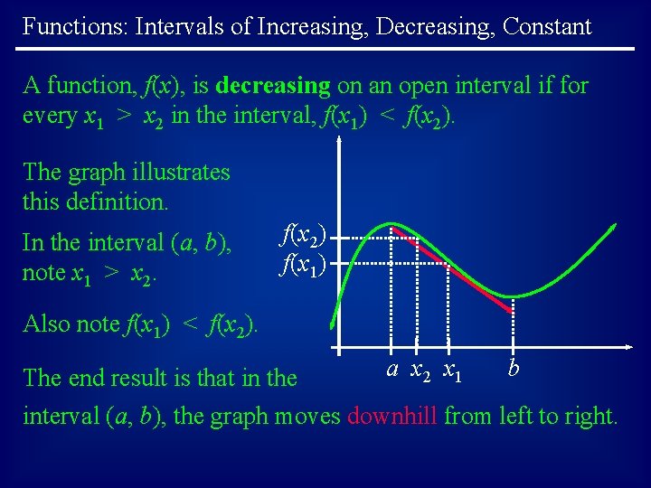 Functions: Intervals of Increasing, Decreasing, Constant A function, f(x), is decreasing on an open