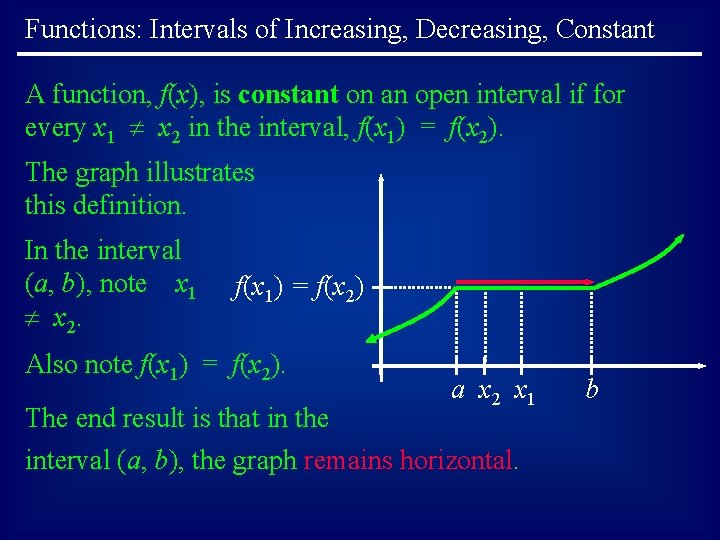 Functions: Intervals of Increasing, Decreasing, Constant A function, f(x), is constant on an open