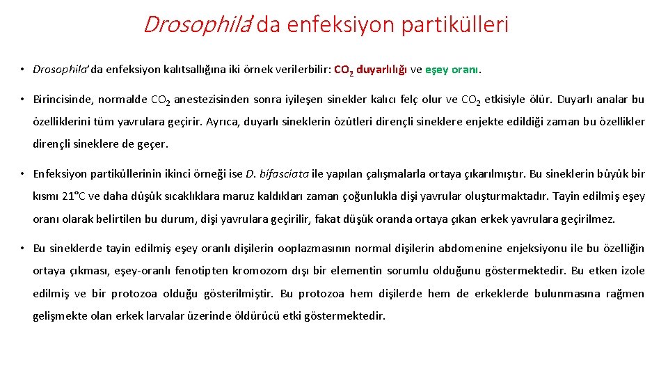 Drosophila’da enfeksiyon partikülleri • Drosophila’da enfeksiyon kalıtsallığına iki örnek verilerbilir: CO 2 duyarlılığı ve