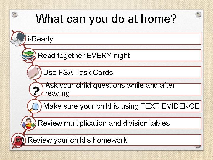 What can you do at home? i-Ready Read together EVERY night Use FSA Task