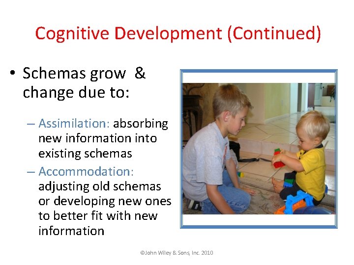 Cognitive Development (Continued) • Schemas grow & change due to: – Assimilation: absorbing new