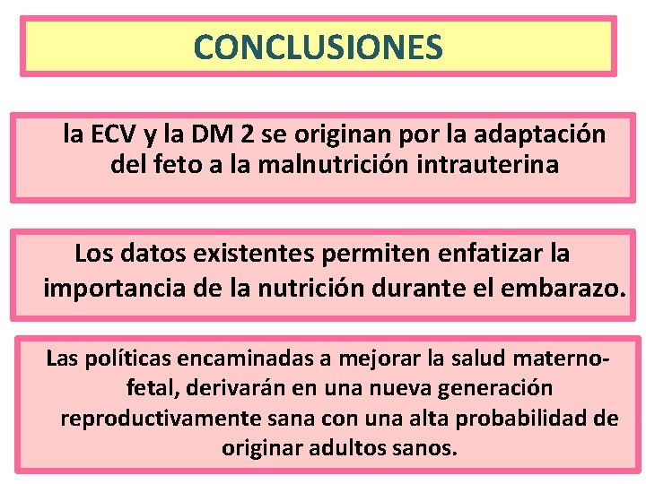 CONCLUSIONES la ECV y la DM 2 se originan por la adaptación del feto CONCLUSIONES la ECV y la DM 2 se originan por la adaptación del feto