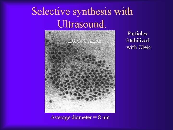 Selective synthesis with Ultrasound. IRON OXIDE Average diameter = 8 nm Particles Stabilized with